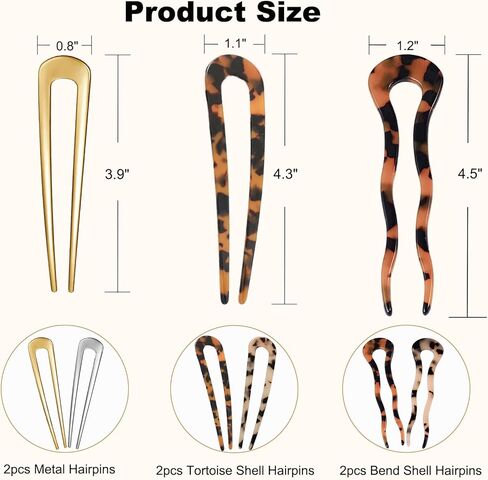6 قطع دبابيس شعر على شكل حرف U، عصي شوكة شعر فرنسية، دبابيس شعر فرنسية قوية وطويلة، 2 دبابيس أبدو تشينون مع 4 خلاطات (10.9 سم × 2، 11.4 سم × 2) و2 معدن (10.16 سم × 2) دبابيس شعر كعكة للنساء in Kuwait