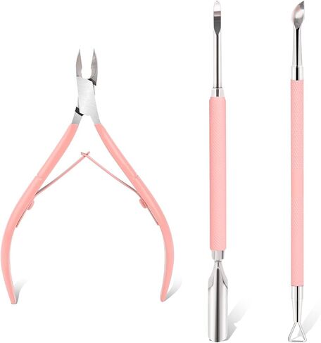 Cuticle Trimmer with Cuticle Pusher Professional Cuticle Remover Cuticle Nippers Nail Cuticle Stainless Steel Pedicure and Manicure Tools Nail Scraper Dual End Cuticle Pusher(3Pcs, Pink) in Saudi Arabia