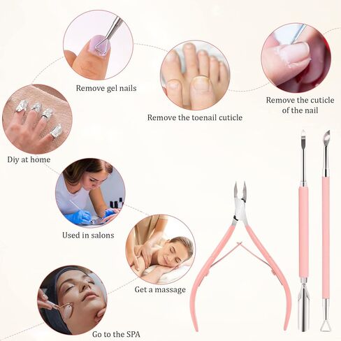 Cuticle Trimmer with Cuticle Pusher Professional Cuticle Remover Cuticle Nippers Nail Cuticle Stainless Steel Pedicure and Manicure Tools Nail Scraper Dual End Cuticle Pusher(3Pcs, Pink) in Saudi Arabia