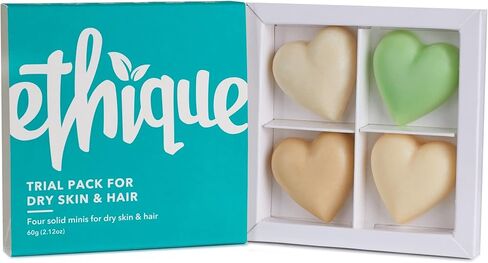 مجموعة إيثيك التجريبية للبشرة الجافة والشعر - شامبو وبلسم ومنظف للوجه وزبدة الجسم - خالية من البلاستيك، نباتية، لم يتم الإساءة إلى الحيوانات في تصنيعها، صديقة للبيئة، 4 ألواح سفر، 2.12 أونصة in Kuwait
