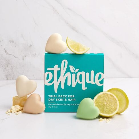 مجموعة إيثيك التجريبية للبشرة الجافة والشعر - شامبو وبلسم ومنظف للوجه وزبدة الجسم - خالية من البلاستيك، نباتية، لم يتم الإساءة إلى الحيوانات في تصنيعها، صديقة للبيئة، 4 ألواح سفر، 2.12 أونصة in Kuwait