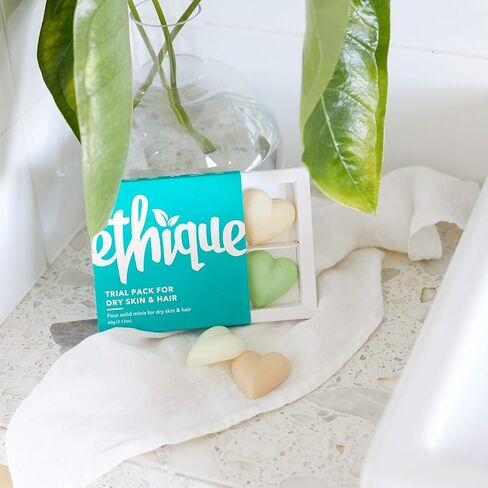 مجموعة إيثيك التجريبية للبشرة الجافة والشعر - شامبو وبلسم ومنظف للوجه وزبدة الجسم - خالية من البلاستيك، نباتية، لم يتم الإساءة إلى الحيوانات في تصنيعها، صديقة للبيئة، 4 ألواح سفر، 2.12 أونصة in Kuwait