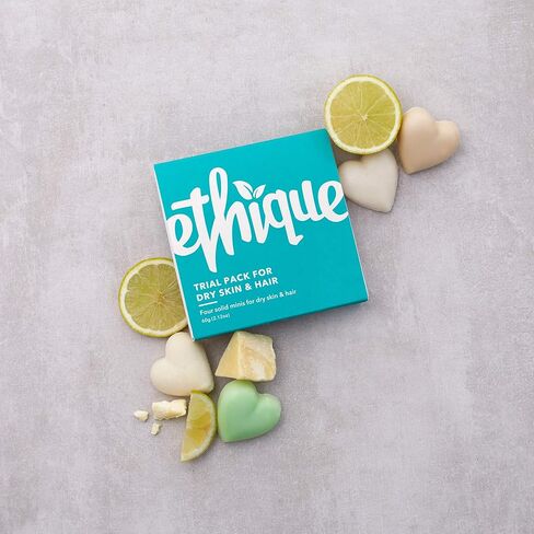 مجموعة إيثيك التجريبية للبشرة الجافة والشعر - شامبو وبلسم ومنظف للوجه وزبدة الجسم - خالية من البلاستيك، نباتية، لم يتم الإساءة إلى الحيوانات في تصنيعها، صديقة للبيئة، 4 ألواح سفر، 2.12 أونصة in Kuwait