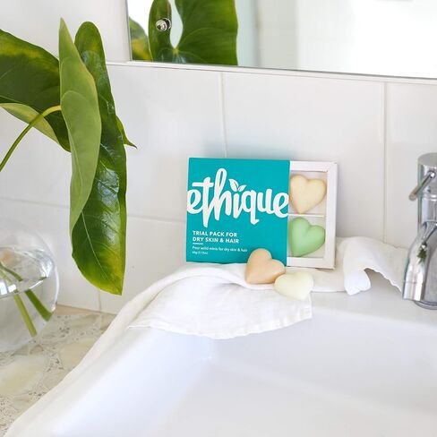 مجموعة إيثيك التجريبية للبشرة الجافة والشعر - شامبو وبلسم ومنظف للوجه وزبدة الجسم - خالية من البلاستيك، نباتية، لم يتم الإساءة إلى الحيوانات في تصنيعها، صديقة للبيئة، 4 ألواح سفر، 2.12 أونصة in Kuwait