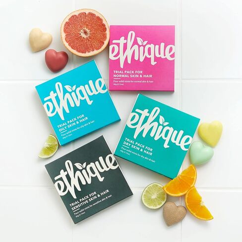 مجموعة إيثيك التجريبية للبشرة الجافة والشعر - شامبو وبلسم ومنظف للوجه وزبدة الجسم - خالية من البلاستيك، نباتية، لم يتم الإساءة إلى الحيوانات في تصنيعها، صديقة للبيئة، 4 ألواح سفر، 2.12 أونصة in Kuwait