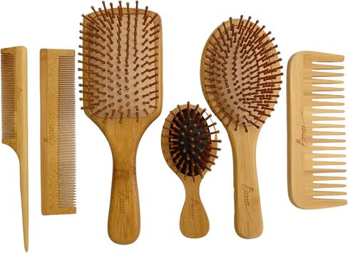6 in 1 Wooden Natural Bamboo Detangling Hair Brush and Comb Set by BeaverStrong (Natural Wood) in Saudi Arabia