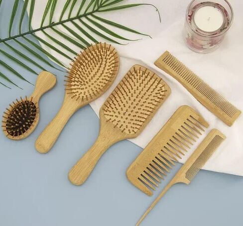 6 in 1 Wooden Natural Bamboo Detangling Hair Brush and Comb Set by BeaverStrong (Natural Wood) in Saudi Arabia