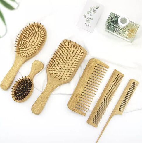 6 in 1 Wooden Natural Bamboo Detangling Hair Brush and Comb Set by BeaverStrong (Natural Wood) in Saudi Arabia