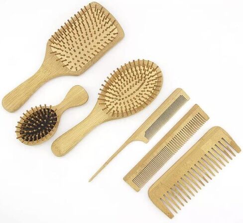 6 in 1 Wooden Natural Bamboo Detangling Hair Brush and Comb Set by BeaverStrong (Natural Wood) in Saudi Arabia