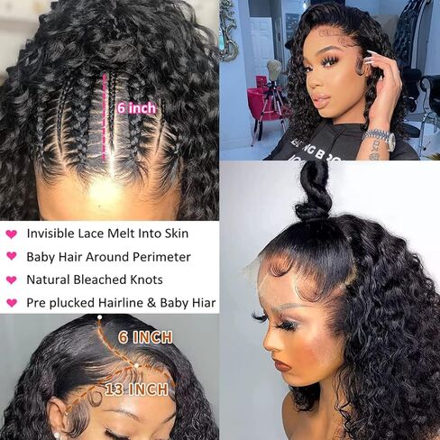 A.phyllis 13x6 Short Deep Curly Wig Human Hair 180% Density Deep Wave Lace Front Wig 13x6 HD Trasparent Lace Frontal Wigs for Women Curly Lace Frontal Wig Human Hair Natural Color（14 Inch） in Saudi Arabia