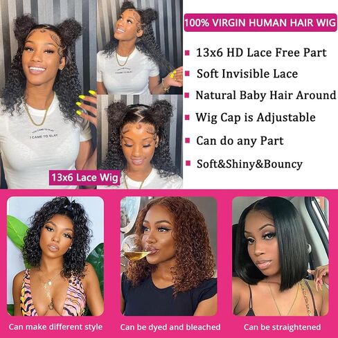 A.phyllis 13x6 Short Deep Curly Wig Human Hair 180% Density Deep Wave Lace Front Wig 13x6 HD Trasparent Lace Frontal Wigs for Women Curly Lace Frontal Wig Human Hair Natural Color（14 Inch） in Saudi Arabia