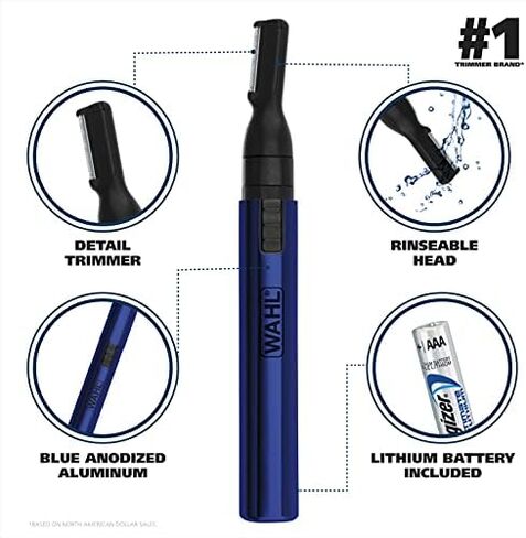 Wahl Lithium Pen Detail Trimmer with Interchangeable Heads for Nose, Ear, Neckline, Eyebrow, & Other Detailing – Rinseable Blades for Hygienic Grooming & Easy Cleaning – Blue – Model 5643-400 in Saudi Arabia