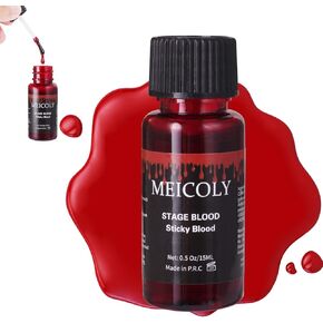 MEICOLY Fake Blood Washable,Edible Stage Blood,0.5 oz Realistic Drips Sticky Fake Blood with Brush,Safe for Mouth,Teeth,Nosebleed,Halloween,Cosplay,Scar,Wound BitesSFX Makeup,Special Effects,Bright