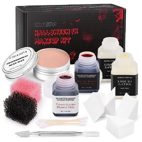 CHASPA Halloween Liquid Latex Special Effects SFX Makeup Kit - Scar Wax + 2 Btl Liquid Latex + 2 Btl Fake Blood + Spatula Tool + 2Pcs Stipple Sponge + 4Pcs Makeup Sponges + Cotton Swabs in Saudi Arabia