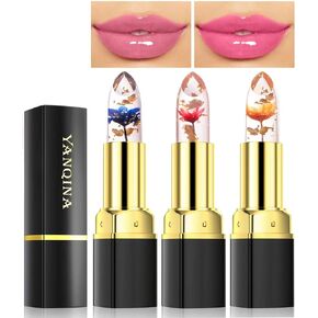 3Pcs Jelly Clear Crystal Flower Lipstick Set, Magic PH Temperature Color Changing Lipstick Lip Gloss, Natural Moisturizing Lip Balm Korean Labiales Magicos Lip Gloss Lip Tinted Stain Makeup