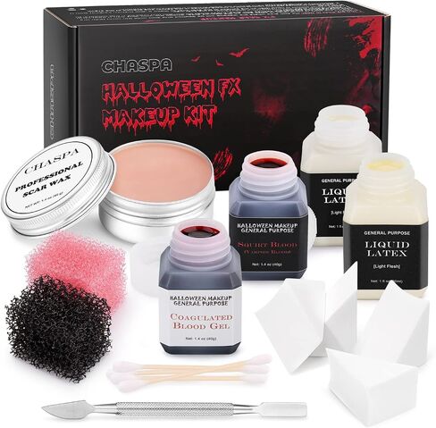 CHASPA Halloween Liquid Latex Special Effects SFX Makeup Kit - Scar Wax + 2 Btl Liquid Latex + 2 Btl Fake Blood + Spatula Tool + 2Pcs Stipple Sponge + 4Pcs Makeup Sponges + Cotton Swabs in Saudi Arabia
