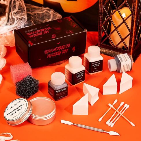 CHASPA Halloween Liquid Latex Special Effects SFX Makeup Kit - Scar Wax + 2 Btl Liquid Latex + 2 Btl Fake Blood + Spatula Tool + 2Pcs Stipple Sponge + 4Pcs Makeup Sponges + Cotton Swabs in Saudi Arabia