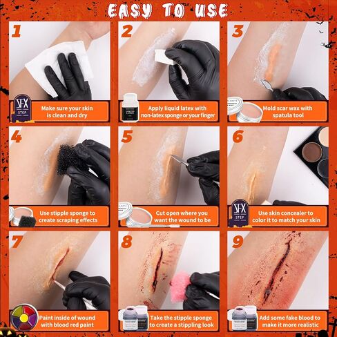 CHASPA Halloween Liquid Latex Special Effects SFX Makeup Kit - Scar Wax + 2 Btl Liquid Latex + 2 Btl Fake Blood + Spatula Tool + 2Pcs Stipple Sponge + 4Pcs Makeup Sponges + Cotton Swabs in Saudi Arabia