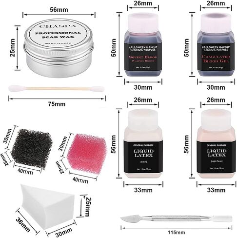 CHASPA Halloween Liquid Latex Special Effects SFX Makeup Kit - Scar Wax + 2 Btl Liquid Latex + 2 Btl Fake Blood + Spatula Tool + 2Pcs Stipple Sponge + 4Pcs Makeup Sponges + Cotton Swabs in Saudi Arabia