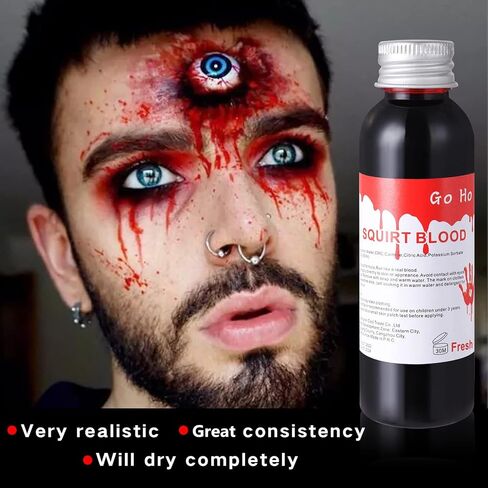 Go Ho Dripping Fake Blood Makeup (0.35 oz),Fake Blood Washable for Scar Wounds,Easy Dry Flow Fake Blood for Eyes Drips Nose Bleeds,Halloween Blood for Cosplay SFX Zombie Vampire Makeup,Dark in Kuwait