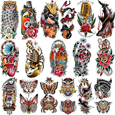 77 Sheets Classic Temporary Tattoos Old School Vintage Colorful Realistic Half Arm Fake Tattoo Stickers Flower Butterfly Snake Owl Shark for Men Women and Kids Tattoos in Kuwait