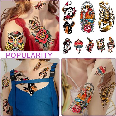 77 Sheets Classic Temporary Tattoos Old School Vintage Colorful Realistic Half Arm Fake Tattoo Stickers Flower Butterfly Snake Owl Shark for Men Women and Kids Tattoos in Kuwait
