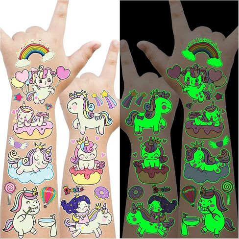 وشوم لومينوس يونيكورن المؤقتة للأطفال، 155 نمطًا من لوازم الحفلات المفضلة على شكل أحادي القرن للبنات، ديكورات حفلات عيد ميلاد وحيد القرن للبنات، ألعاب هدايا وحيد القرن (12 ورقة) in Kuwait