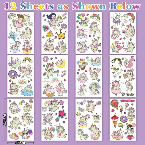 وشوم لومينوس يونيكورن المؤقتة للأطفال، 155 نمطًا من لوازم الحفلات المفضلة على شكل أحادي القرن للبنات، ديكورات حفلات عيد ميلاد وحيد القرن للبنات، ألعاب هدايا وحيد القرن (12 ورقة) in Kuwait