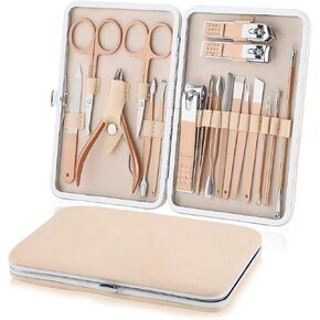 مجموعة العناية بالاظافر والباديكير، مجموعة العناية الشخصية الاحترافية من الستانلس ستيل بلون ذهبي وردي، ادوات العناية بالاظافر 18 في 1 مع شنطة سفر جلدية فاخرة للرجال والنساء in Kuwait