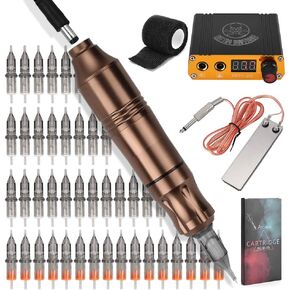 مجموعة آلة الوشم الدوارة، قلم الوشم ATOMUS على شكل خرطوشة تظليل بطانة مع مصدر طاقة 50 قطعة مختلطة من إبر خرطوشة RL RS ودواسة القدم وضمادة سلك DC (أسود) in Kuwait