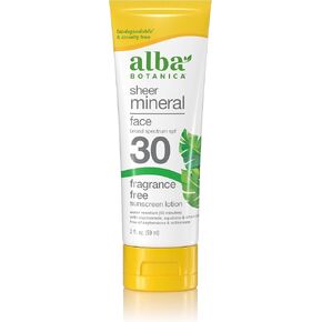 Alba Botanica Sunscreen for Face, Fragrance-Free Sheer Mineral Face Sunscreen Lotion, Broad Spectrum SPF 30, Water Resistant and Biodegradable, 2 fl. oz. Bottle