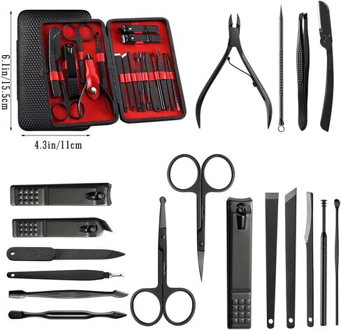 مجموعة مانيكير وباديكير - مجموعة احترافية للعناية بالاظافر من الستانلس ستيل عالي الدقة ومبرد اظافر ومقص اظافر حاد ومقص اظافر مع شنطة انيقة محمولة (اسود) in Kuwait
