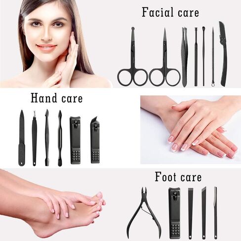 مجموعة مانيكير وباديكير - مجموعة احترافية للعناية بالاظافر من الستانلس ستيل عالي الدقة ومبرد اظافر ومقص اظافر حاد ومقص اظافر مع شنطة انيقة محمولة (اسود) in Kuwait