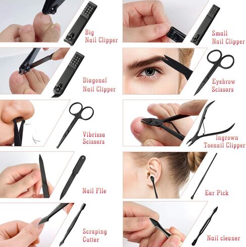 مجموعة مانيكير وباديكير - مجموعة احترافية للعناية بالاظافر من الستانلس ستيل عالي الدقة ومبرد اظافر ومقص اظافر حاد ومقص اظافر مع شنطة انيقة محمولة (اسود) in Kuwait