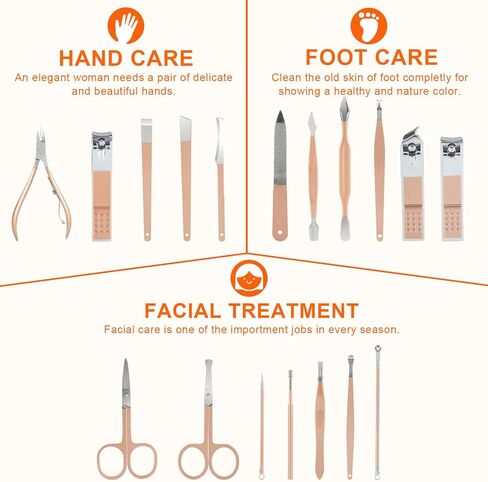 مجموعة العناية بالاظافر والباديكير، مجموعة العناية الشخصية الاحترافية من الستانلس ستيل بلون ذهبي وردي، ادوات العناية بالاظافر 18 في 1 مع شنطة سفر جلدية فاخرة للرجال والنساء in Kuwait