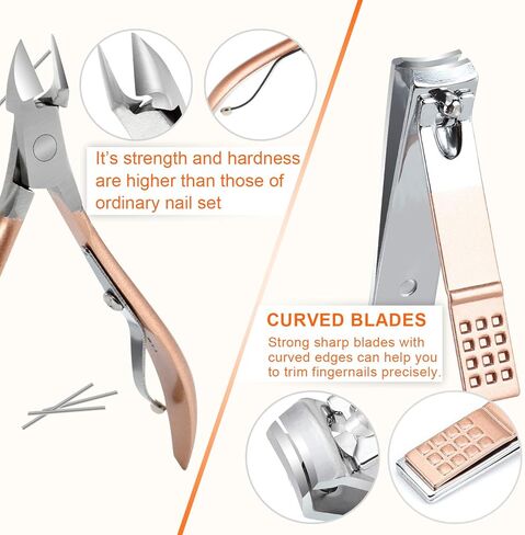مجموعة العناية بالاظافر والباديكير، مجموعة العناية الشخصية الاحترافية من الستانلس ستيل بلون ذهبي وردي، ادوات العناية بالاظافر 18 في 1 مع شنطة سفر جلدية فاخرة للرجال والنساء in Kuwait