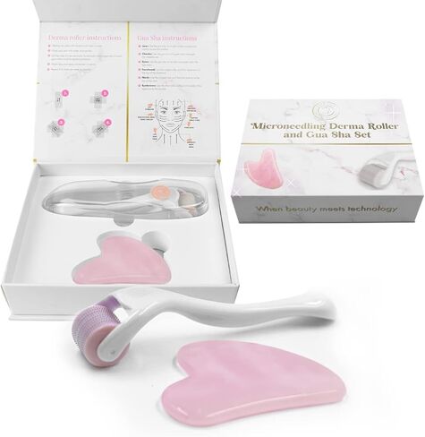 Derma Roller Kit (0.25mm) And Gua Sha Gift Set - 2 In 1 Derma Roller Kit Massager And Skin Care Tools For Face, Neck, Eyes - Facial Roller And Massager - Great Birthday, Valentines Day Gift for Women in Saudi Arabia
