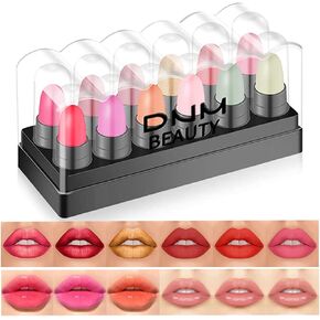 12Pcs Capsule Pills Lipstick Mini Lip Stick Packs Matte Lipstick Set for Women,3 Strawberry Mint Apple Flavor Lip Balm, 3 Changing Color Jelly Magic Lipstick, 3 Matte Lipstick, 3 Metallic Lipstick, Long-Lasting Wear Non-Stick Cup Not Fade Waterproof Lipst