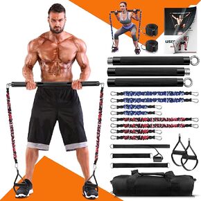 DASKING Portable Home Gym Resistance Band Bar Set with 8 Anti-Break Stackable Resistance Bands,Detachable 500LBS 2 in 1 Pilates Bar with Bands,Full Body Workout Equipment Exercise Bar Set