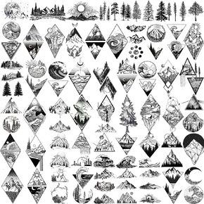 GOROMON 52 Sheets Small Black Mountain Temporary Tattoos For Men Women Adult, Geometric Sea Weave Forest Pine Tree Realistic Tattoo Sticker For Kids Children, Moon Sun Star Triangle Tatoos Outer Space
