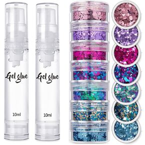 Body Glitter+Gel Kit,JASSINS Holographic Face Glitter,7 Style Fine Glitter for Art Nail,Hair, Eye,Eyeshadow Makeup