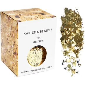 KARIZMA 24K Gold Glitter. 30g Chunky Face Glitter, Hair Glitter, Eye Glitter and Body Glitter for Women. Rave Glitter, Festival Accessories, Cosmetic Glitter Makeup. Loose Glitter Set