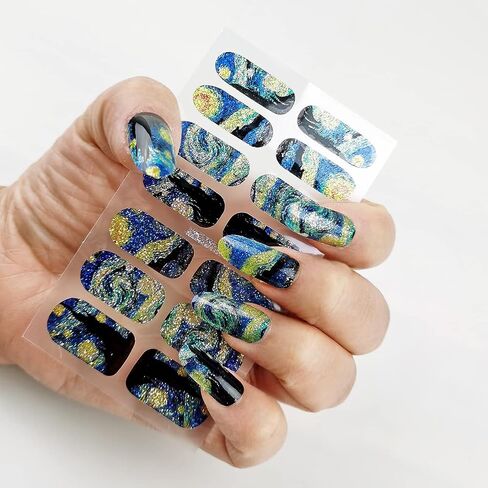Van Gogh's Starry Sky Gel Nail Stickers Starry Night Full Wraps Brighter Nail Polish Strips Waterproof Self-Adhesive 28 Tips Shinny Glitter Nail Polish Stickers Decals Set for Women Girls(No UV/LED Lamp Required) in Saudi Arabia