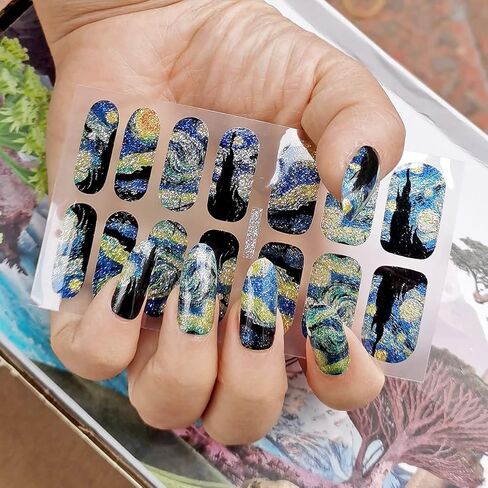 Van Gogh's Starry Sky Gel Nail Stickers Starry Night Full Wraps Brighter Nail Polish Strips Waterproof Self-Adhesive 28 Tips Shinny Glitter Nail Polish Stickers Decals Set for Women Girls(No UV/LED Lamp Required) in Saudi Arabia