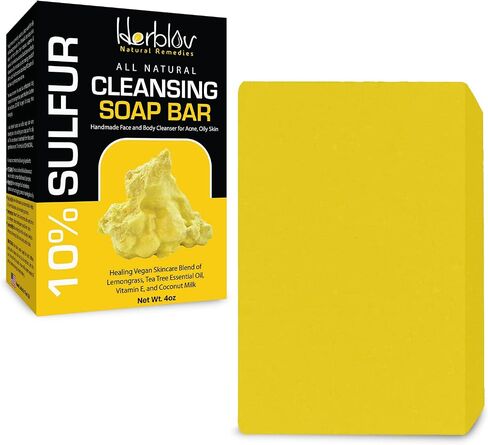 Herblov Cleansing 10% Sulfur Soap Bar for Face & Body – Natural Shine Control Facial Cleanser for Acne, Oily Skin – Made in USA Skincare Wash with Lemongrass, Tea Tree Oil, Vitamin E, Coconut Milk in Kuwait
