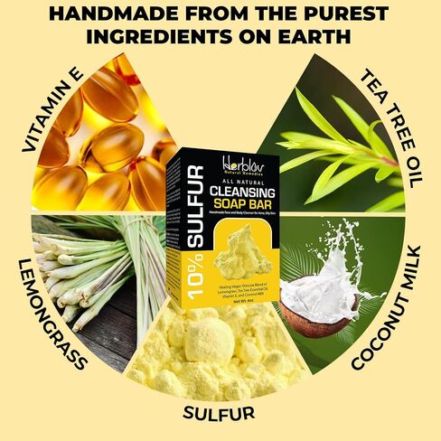 Herblov Cleansing 10% Sulfur Soap Bar for Face & Body – Natural Shine Control Facial Cleanser for Acne, Oily Skin – Made in USA Skincare Wash with Lemongrass, Tea Tree Oil, Vitamin E, Coconut Milk in Kuwait