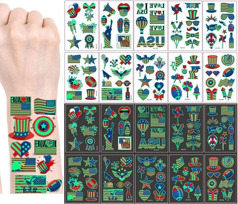 وشم مؤقت للأطفال البالغين في الرابع من يوليو، 100 قطعة وشم مزيف مضيء يتوهج في الظلام، يوم الاستقلال في الرابع من يوليو مقاوم للماء باللون الأحمر والأبيض والأزرق للنصب التذكاري لحفلة عيد العمال العلم الوطني للولايات المتحدة الأمريكية in Kuwait