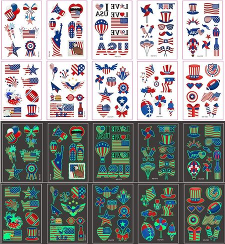 وشم مؤقت للأطفال البالغين في الرابع من يوليو، 100 قطعة وشم مزيف مضيء يتوهج في الظلام، يوم الاستقلال في الرابع من يوليو مقاوم للماء باللون الأحمر والأبيض والأزرق للنصب التذكاري لحفلة عيد العمال العلم الوطني للولايات المتحدة الأمريكية in Kuwait