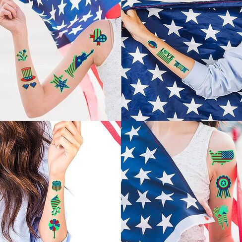 وشم مؤقت للأطفال البالغين في الرابع من يوليو، 100 قطعة وشم مزيف مضيء يتوهج في الظلام، يوم الاستقلال في الرابع من يوليو مقاوم للماء باللون الأحمر والأبيض والأزرق للنصب التذكاري لحفلة عيد العمال العلم الوطني للولايات المتحدة الأمريكية in Kuwait