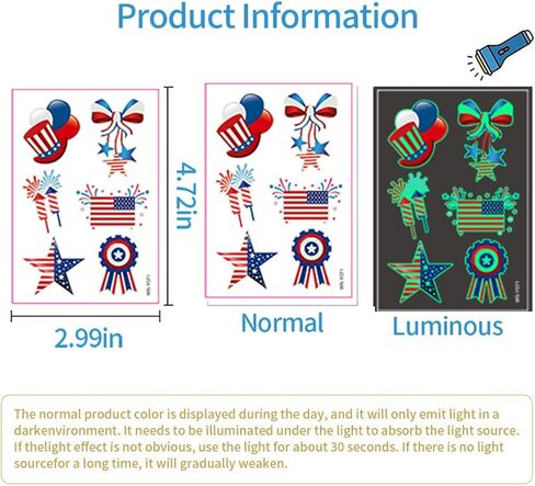 وشم مؤقت للأطفال البالغين في الرابع من يوليو، 100 قطعة وشم مزيف مضيء يتوهج في الظلام، يوم الاستقلال في الرابع من يوليو مقاوم للماء باللون الأحمر والأبيض والأزرق للنصب التذكاري لحفلة عيد العمال العلم الوطني للولايات المتحدة الأمريكية in Kuwait